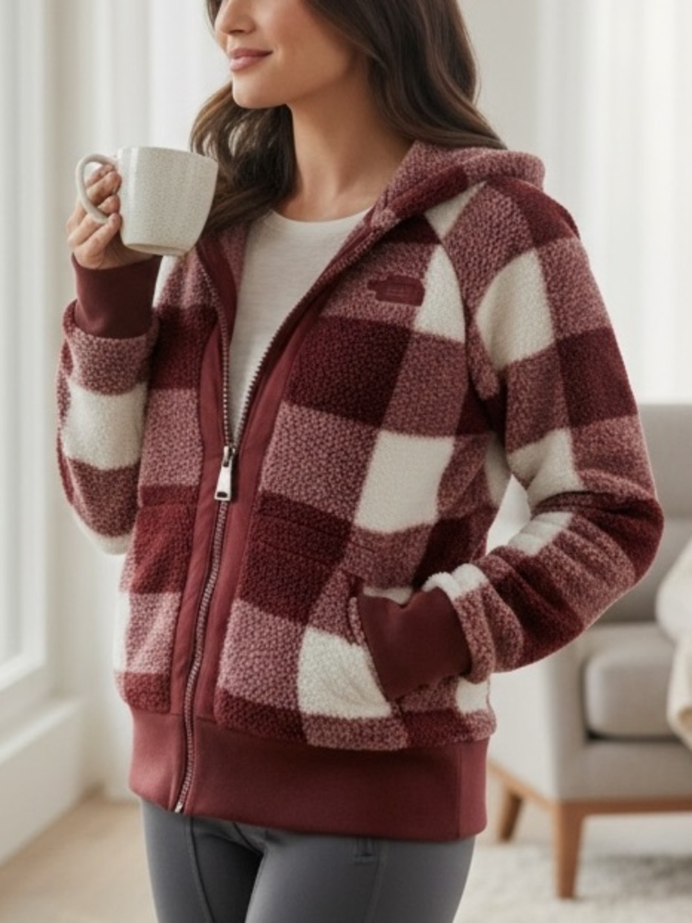 The North Face Full Zip Plaid Sherpa Hoodie